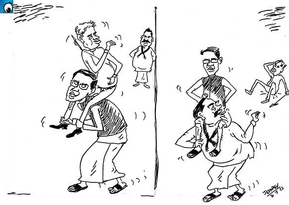 The other day it was Ranil who clung on to Maithri's neck and today Maithri clings on to Mahinda's neck (Wednesday's cartoon)