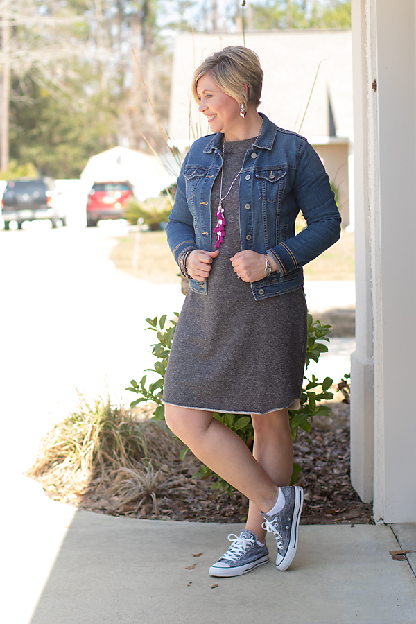denim jacket and casual dress outfit