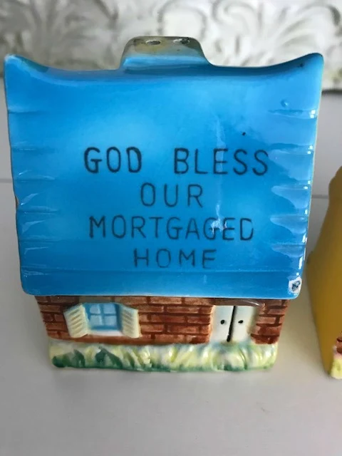 God Bless Our Mortgaged Home blue roof salt pepper shakers 1950's era kitchenware