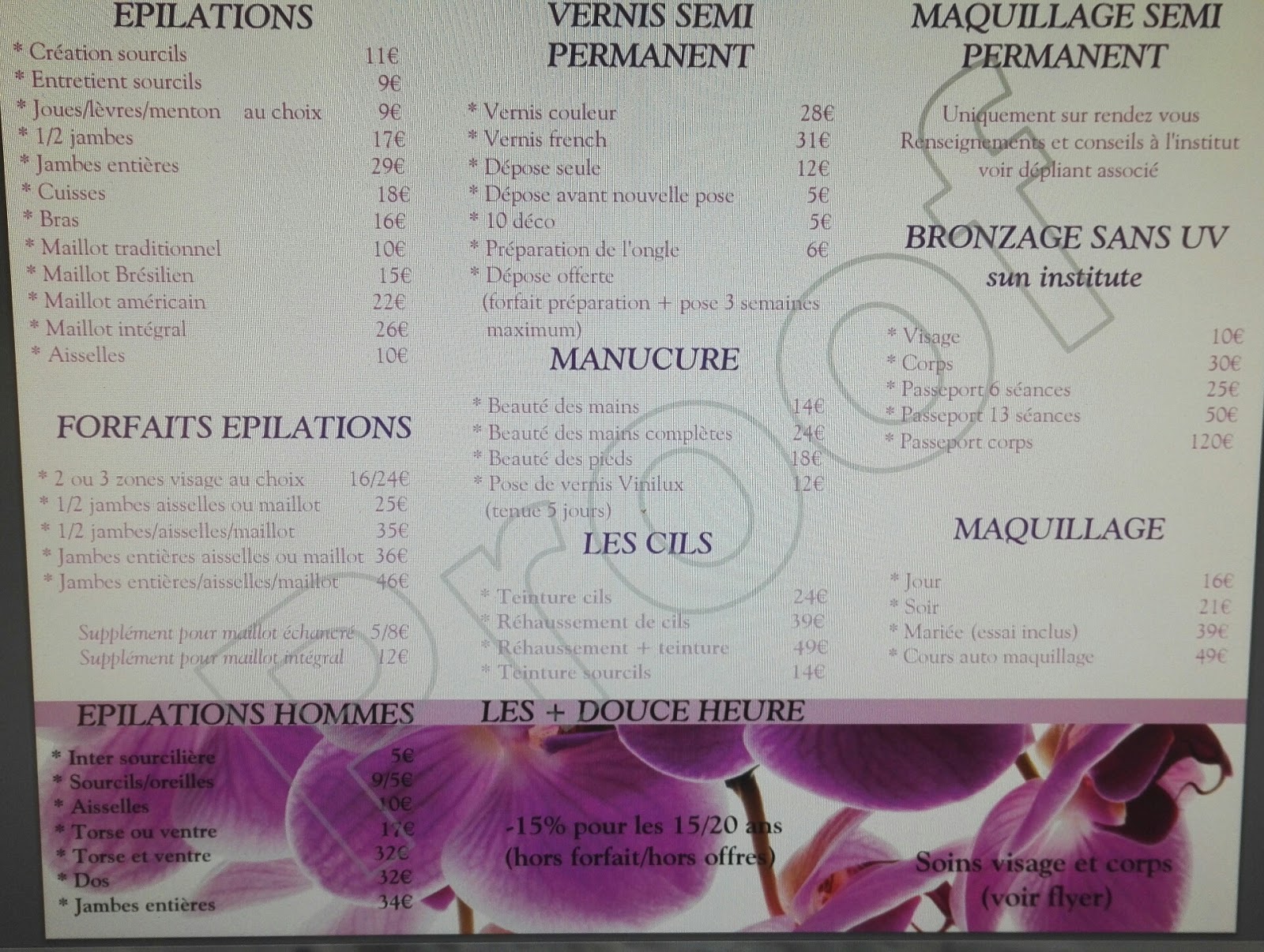 DOUCE HEURE Institut Tarifs 2017