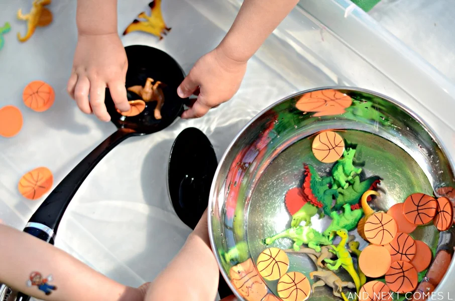 Water sensory play idea for kids inspired by the book Dino-Basketball from And Next Comes L