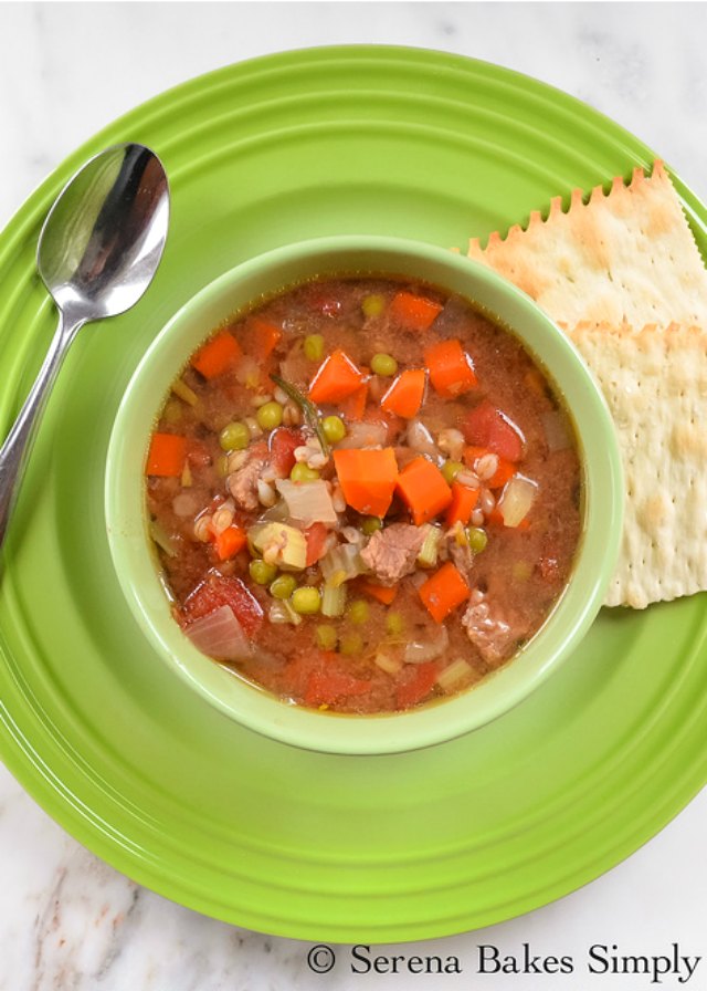 Crockpot Beef Barley Soup is a easy to make recipe loaded with tender beef, lots of veggies, and barley. A good hearty, healthy option from Serena Bakes Simply From Scratch.