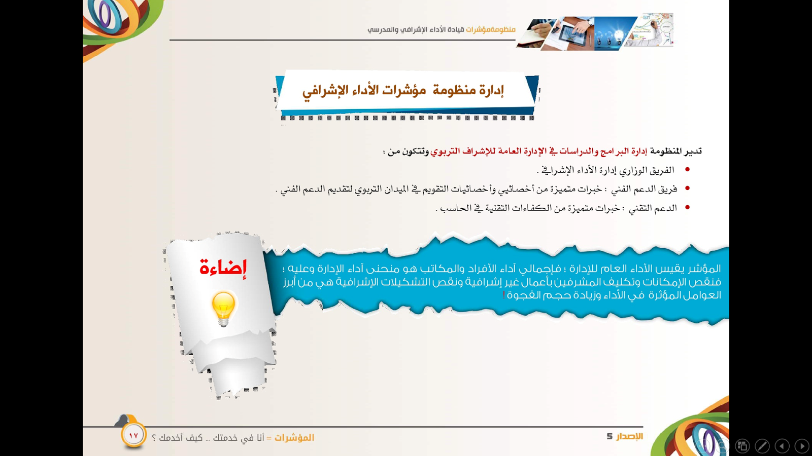 الابتدائية الأولى وبرنامج ضعاف السمع بأبي عريش شرح مؤشرات الأداء الاشرافي والمدرسي الإصدار الخامس