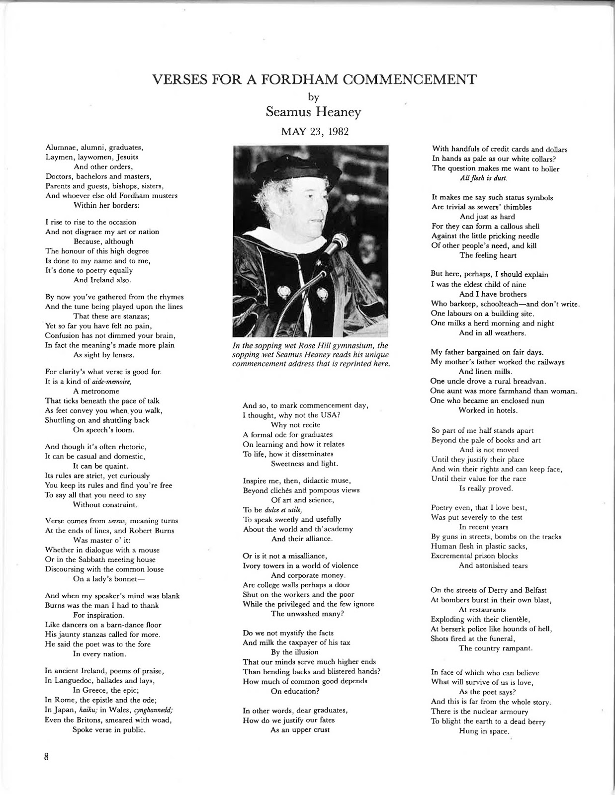 Fordham Notes Seamus Heaney's "Verses for a Fordham Commencement"
