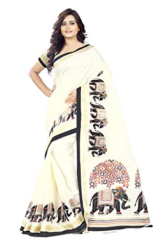 Jaanvi fashion Women's Khadi Silk Elephant Kalamkari Printed Saree (White_Free_Size)