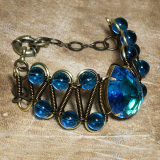  Steampunk Neo Victorian Jewelry - Bracelet - Dark Aqua Glass faceted jewel