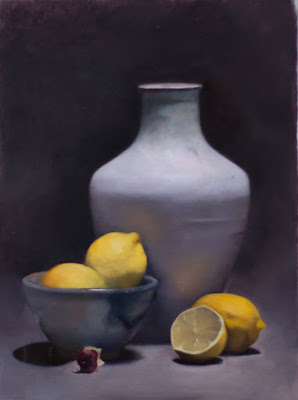still life oil painting of lemons and jug by artist Emilae Belo