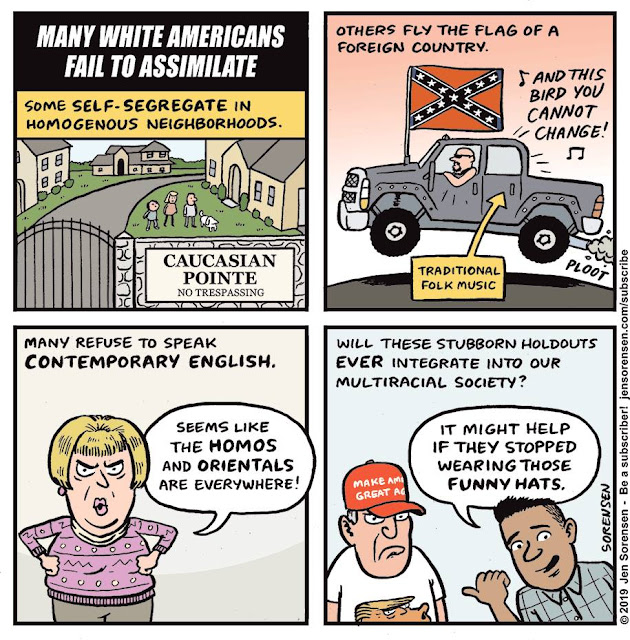 Title: Many White Americans Fail To Assimilate. Frame One: Some self-segregate into homogeneous neighborhoods (Image: Gated community with sign saying,