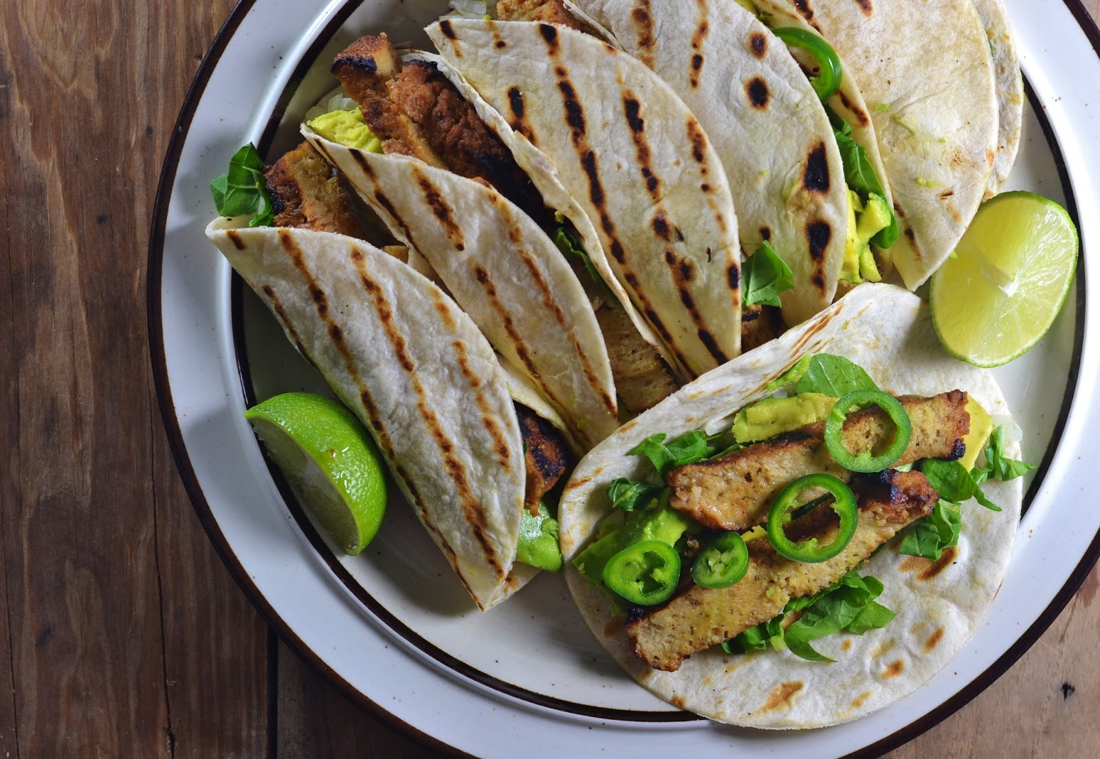Vegan Magic Time Seitan Asada Tacos with Arugula, Avocado & Fresh Jalapeno