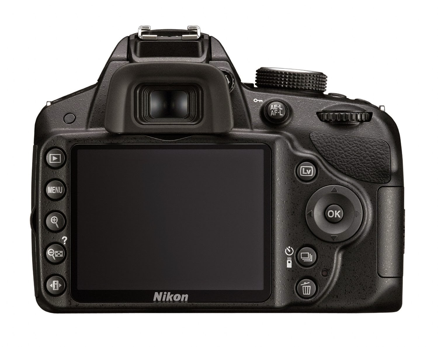 Nikon D3200 DSLR, rear view with 3" LCD screen, viewfinder, function buttons