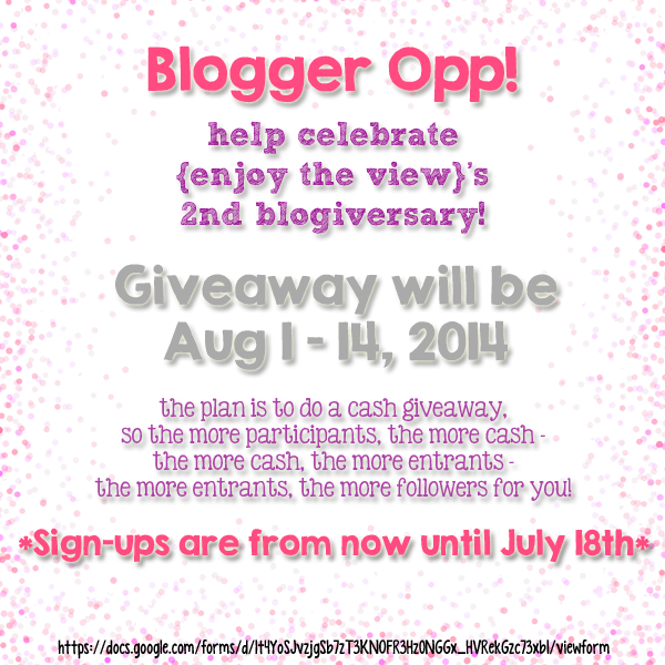 Blogger Opp! Signup to participate in {enjoy the view}'s 2nd Blogiversary Cash Giveaway! Cohost or just add links - grow your following! #bloggers #blogger #giveaway