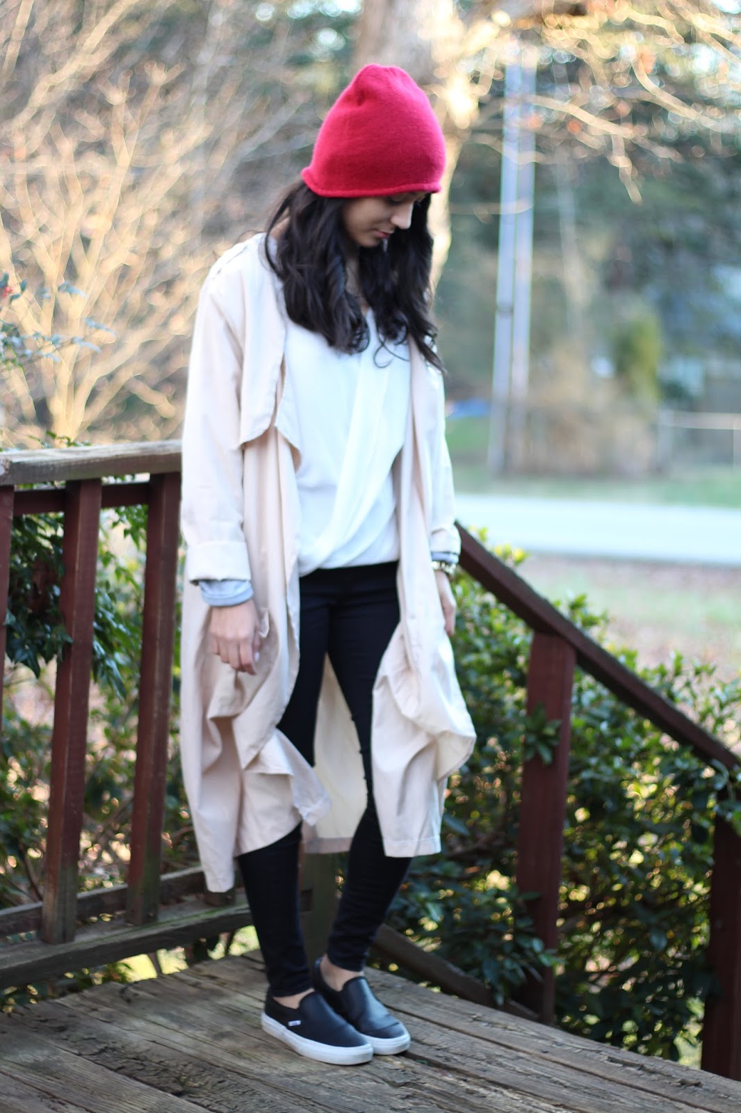 beanie and beige waterfall trenchcoat | Simply