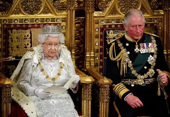 Prince Charles and The Duchess of Cornwall. Prince Ruby, the Stuart Sapphire, St Edward Sapphire and Queen Elizabeth Pearls