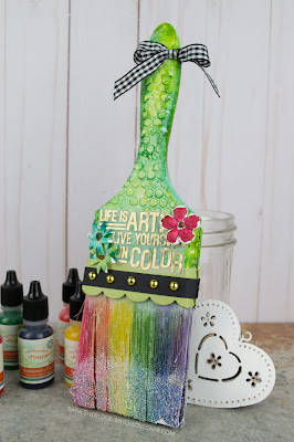 This mixed media paintbrush was created using Fun Stampers Journey products, including the Color Pop Stamp Set.  Lots of layering went into creating this fun accent piece that's perfect for display in a studio or craft room.  