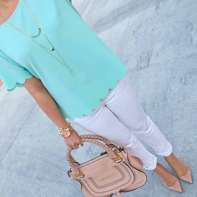 ASOS scallop hem tee BP stone bar layering necklace, Brandy Pham cylindar bracelet Chloe marcie small leather satchel chrisitan louboutin pigalle nude pointy toe pumps Kendra Scott bangle and opal ring Michael Kors runway gold pink watch