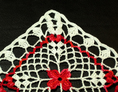 Closeup of Corner - One Motif - of the RSS Designs In Fiber Red Flower in White Lace Square Doily 