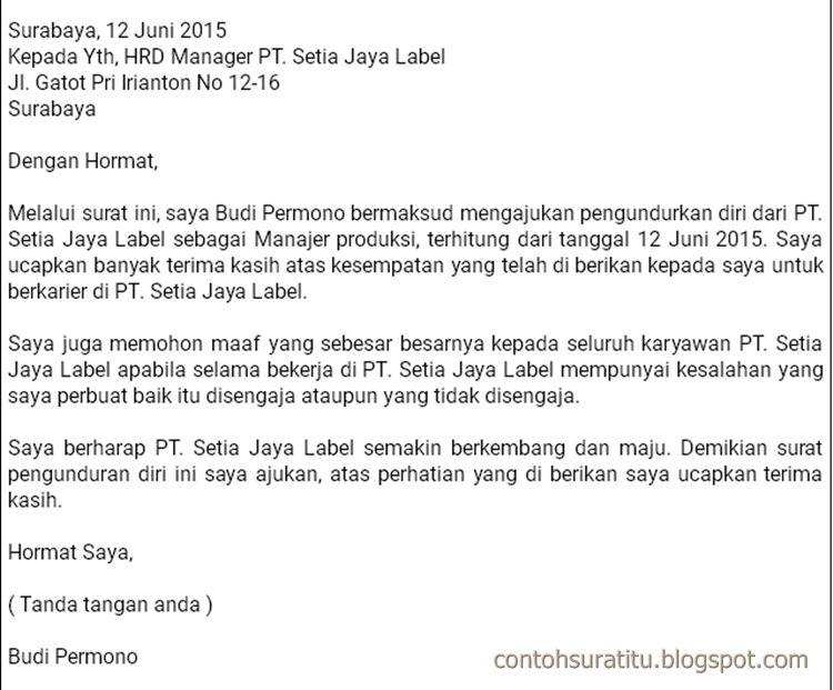 Surat Resmi Berhenti Kerja Dalam Bahasa Inggris Lamaran P