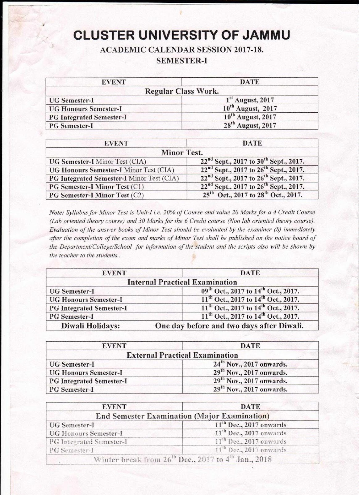 Cluster University Jammu [Academic Calendar for Semester 1st & 2nd