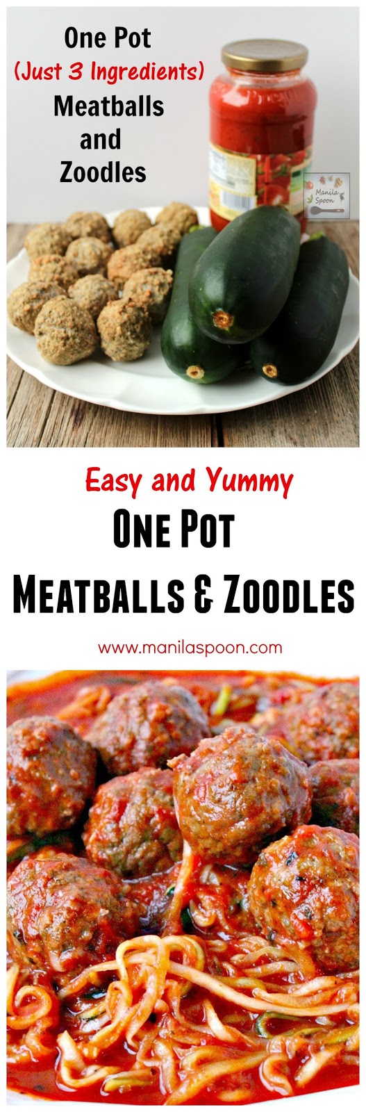 Use left-over or store bought meatballs to make this quick, easy and super-yummy 3-ingredient One Pot Meatballs and Zoodles (Zucchini Noodles). Gluten-free and healthy!