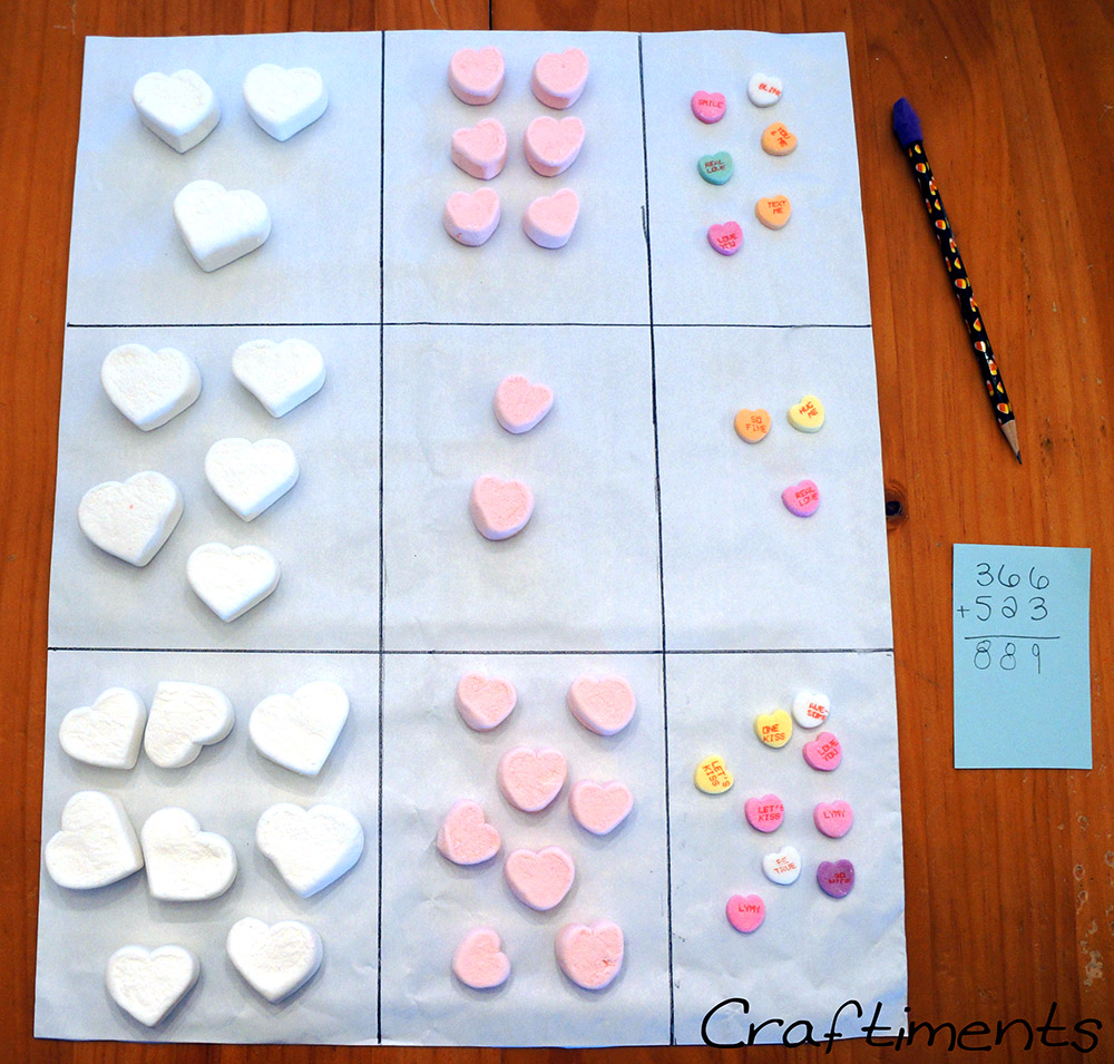 Craftiments:  Addition without regrouping using candy heart manipulatives