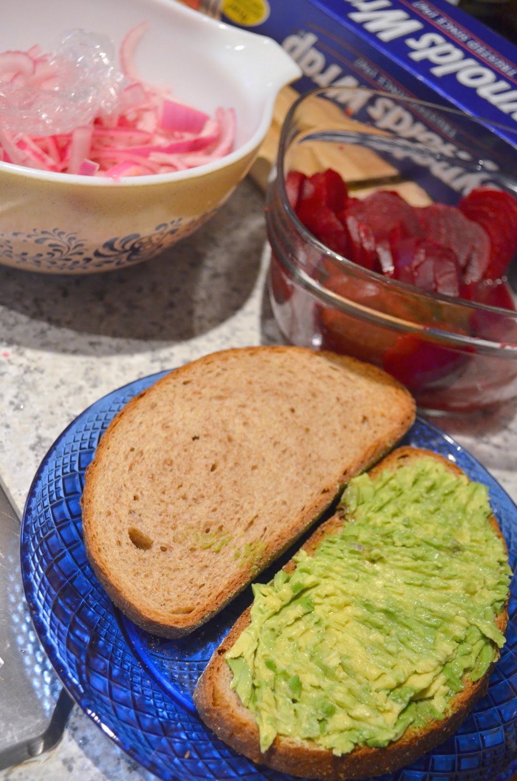 The Inventive Vegetarian Avocado, Beet, and Barely Pickled Onion Sandwich