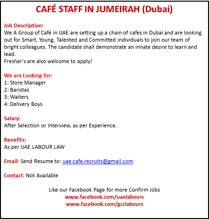 Cafe Staff Required in Jumeirah (Freshers are Welcome) - UAE LABOURS