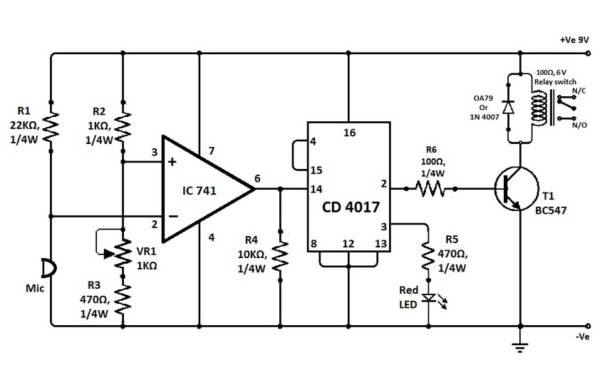 Clap Switch with IC741 and CD4017 Electronic Knowledge Share