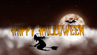 Happy Halloween Greeting With A Flock Of Bats In Clouds Moonlight
