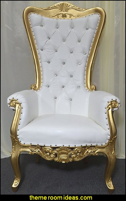 Gold Baroque Hand Carved Throne Chair With White Vinyl & Crystal Buttoning