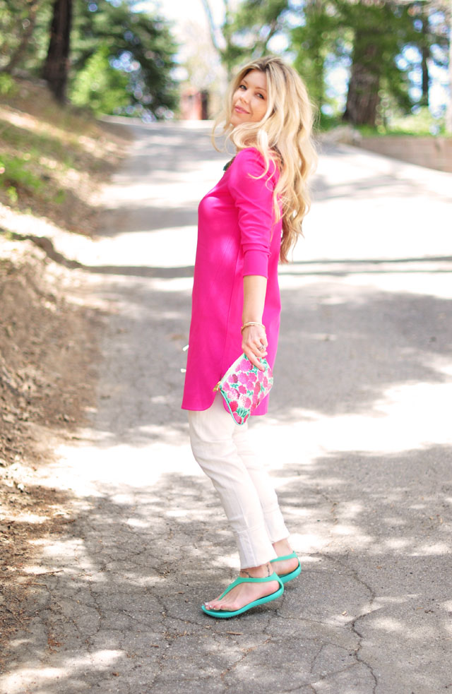 Summer brights, pink and aqua, tibi dress, marc jacobs floral pouch, crocs sandals