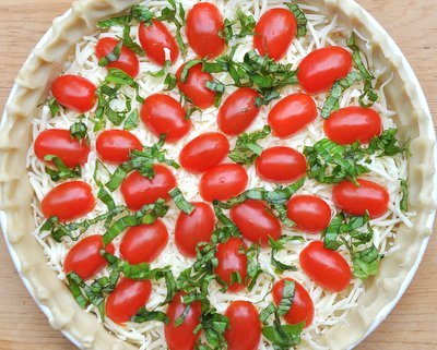 Light Tomato Basil Quiche Recipe almost ready for the oven ♥ KitchenParade.com, a make-ahead, healthy, vegetarian and light quiche recipe.