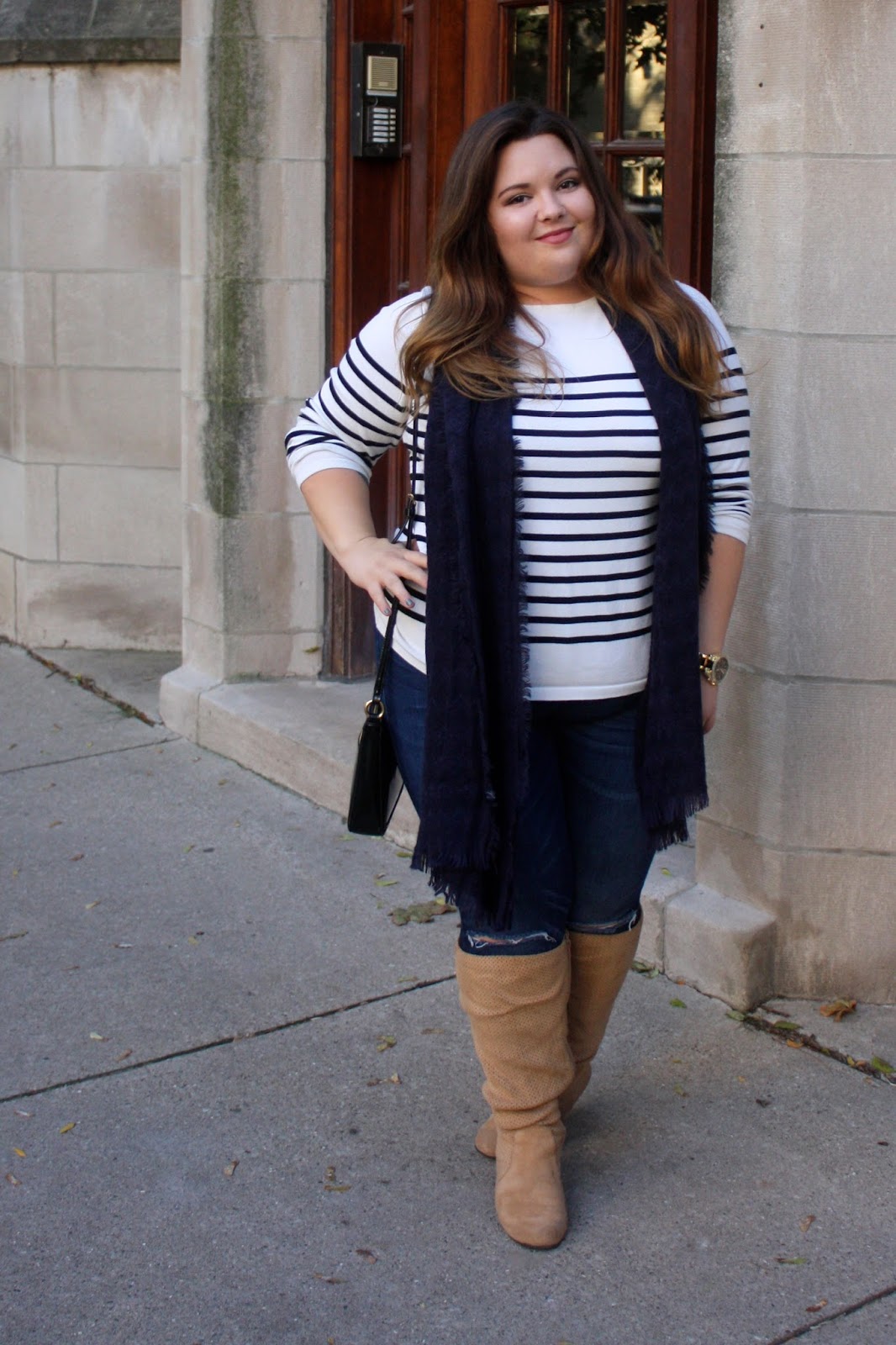 how to cut holes in jeans, cut holes in the knees, CAN CURVY GIRLS WEAR HORIZONTAL STRIPES, plus size, horizontal stripes, how to wear stripes, plus size fashion blogger, fashion blogger, natalie craig, natalie in the city, chicago, wide calf boots, striped sweaters, fall fashion, how to wear a scarf