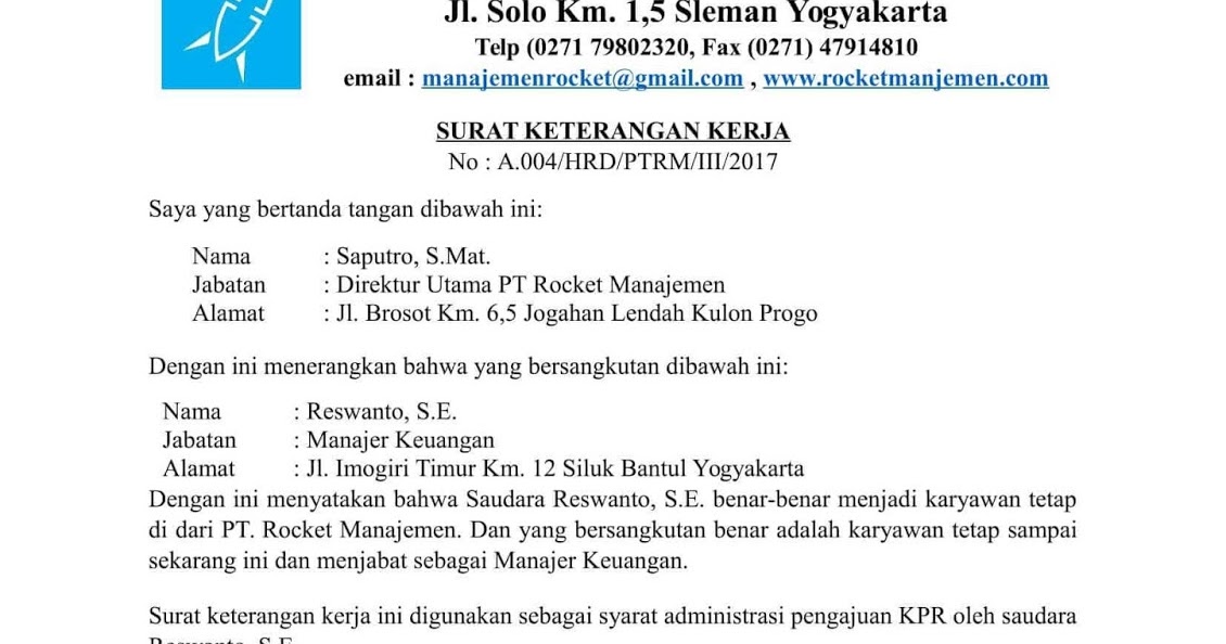 Contoh Surat Keterangan Kerja