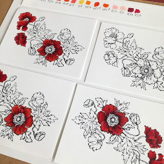copic coloring of poppy images in progress. Featuring power poppy stamps and colored in shades of red.