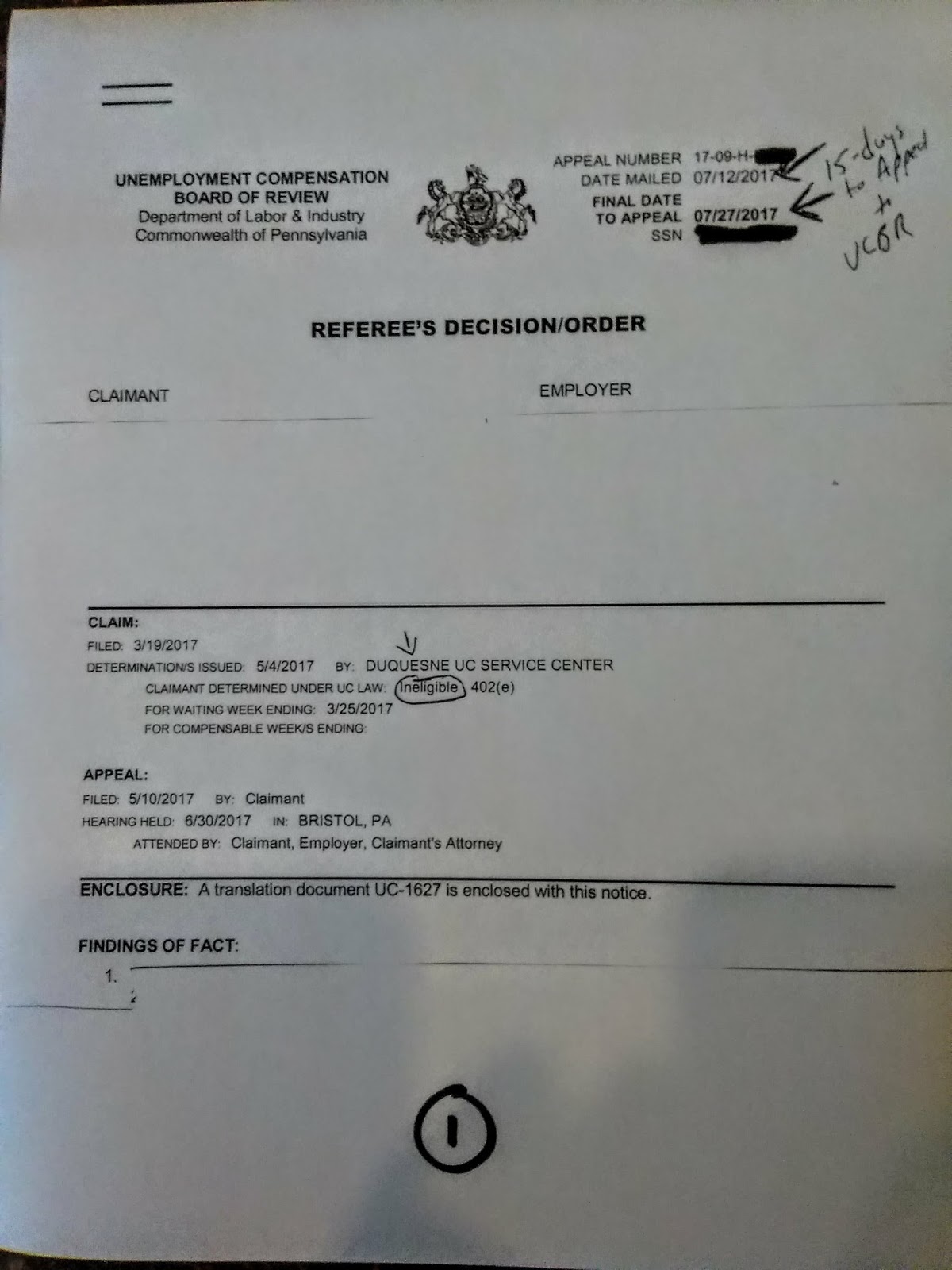 Standard First Page of Referee Decision