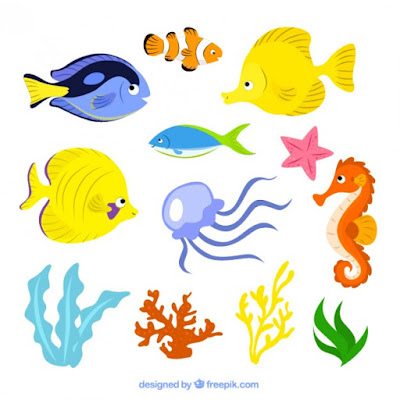 10 Set Kartun Lucu Gambar Binatang Format Vector Desain Ikan