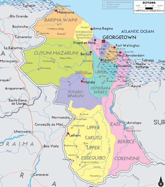 Mapa da Guiana - país da América do Sul