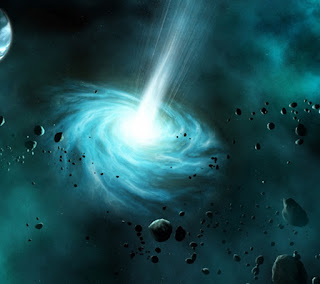 [un quasar con una forte luce blu con molti pianeti e asteroidi intorno]