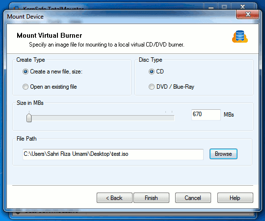 Virtual drive settings TotalMounter drive properties window
