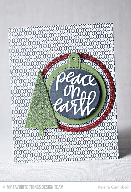Handmade card from Keisha Campbell featuring Hand-Lettered Christmas stamp set, Lined Up Dots Background, Oh Christmas Trees, Stitched Circle Scallop Edge Frmeas, and Tag Builder Blueprints 6 Die-namics #mftstamps