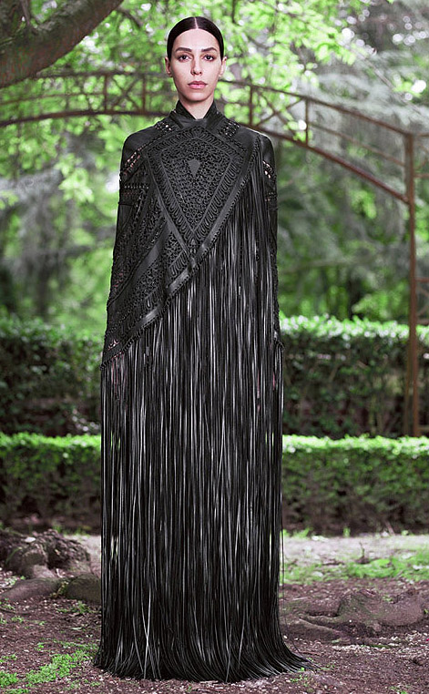 black leather fringe gown