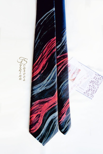 Men's Silk Necktie Hand-Painted - Navy/ Grey / Red