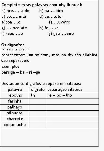 Baú da Web: Atividades com dígrafos e encontro consonantal para imprimir