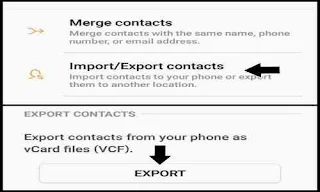 Export / import kontak di tap memori