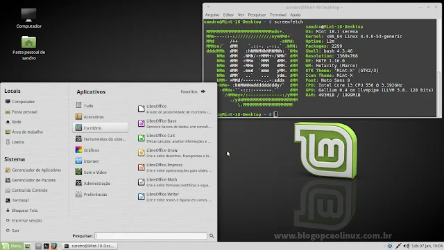 Área de trabalho do Linux Mint 18.1 "Serena", com o ambiente de desktop MATE