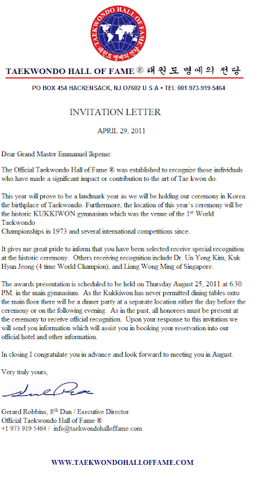 LETTER OF INVITATION TO TAEKWONDO HALL OF FAME 2011 BANQUET AND AWARD CEREMONY