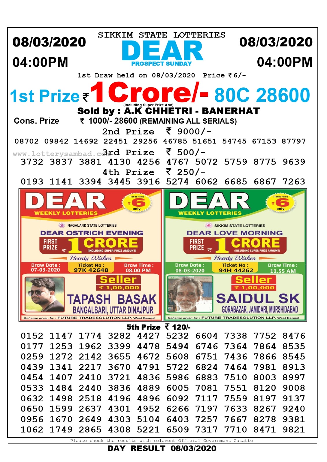 West bengal state lottery result 08 March 2020 4 PM