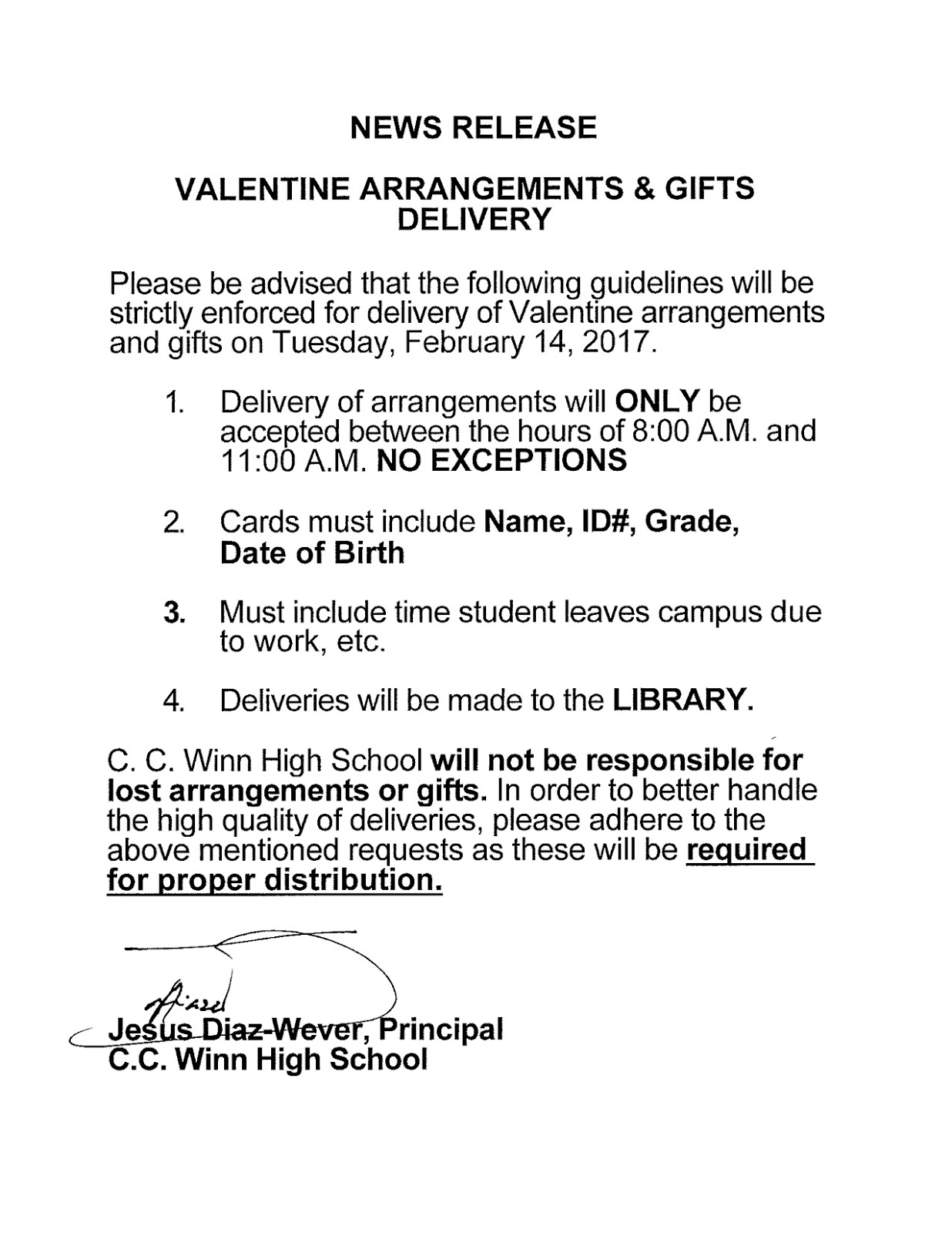 Eagle Pass ISD iVision Winn Valentine's Day Delivery Guidelines
