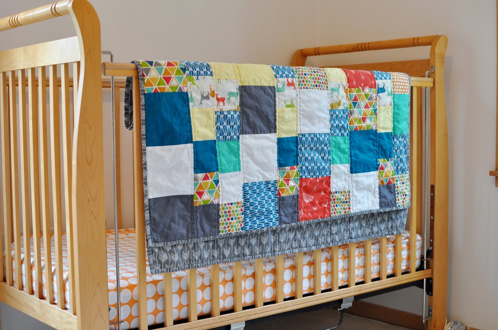 five to six Gus's Baby Quilt Crib Size Deer and Geometric Quilt