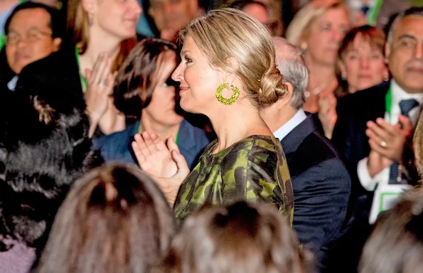 Dutch Queen Maxima attend the opening of the OECD Global Symposium. Queen Maxima wore Natan Dress, Bodes and Bode Earrings